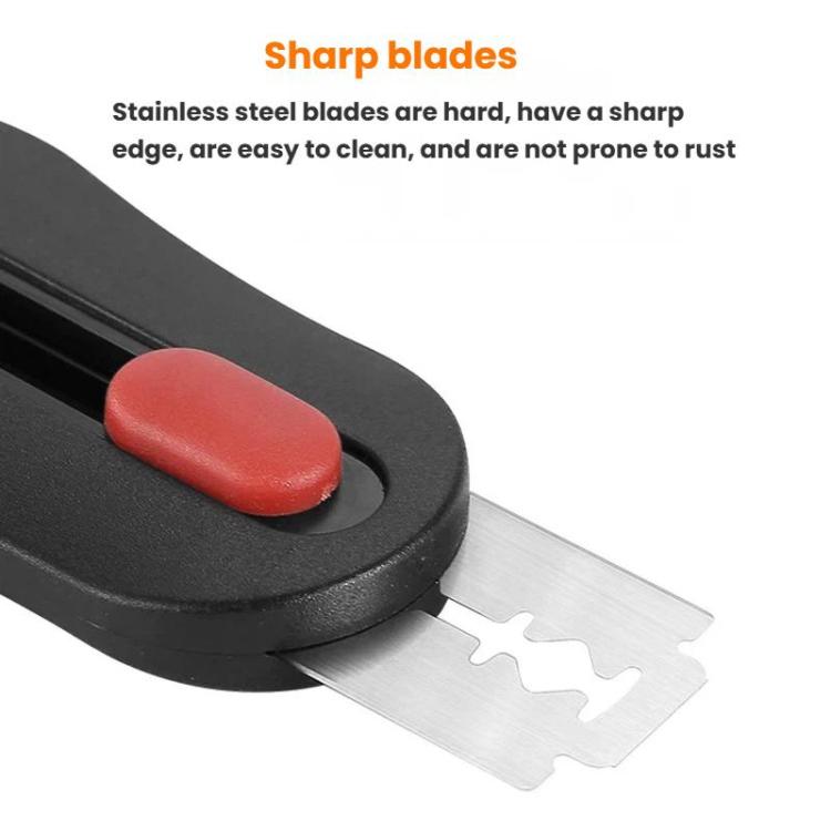 Bread scoring knife blade detail with black handle and red button