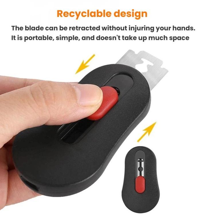 Retractable bread scoring knife with black handle and red button, blade retracted