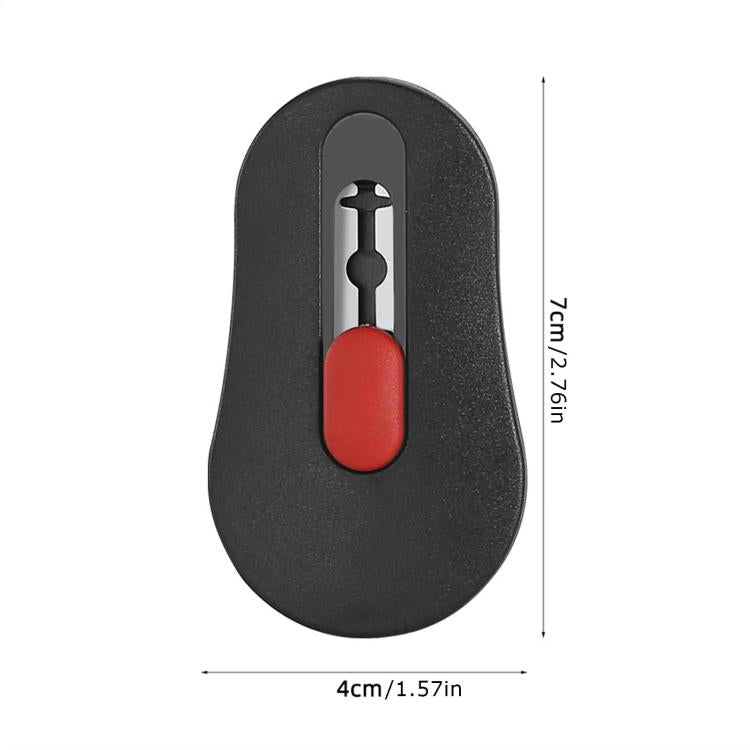 Bread scoring knife with black body and red button, shown with size measurements