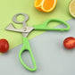 Egg cutting scissors with stainless steel blade and green plastic handle, open