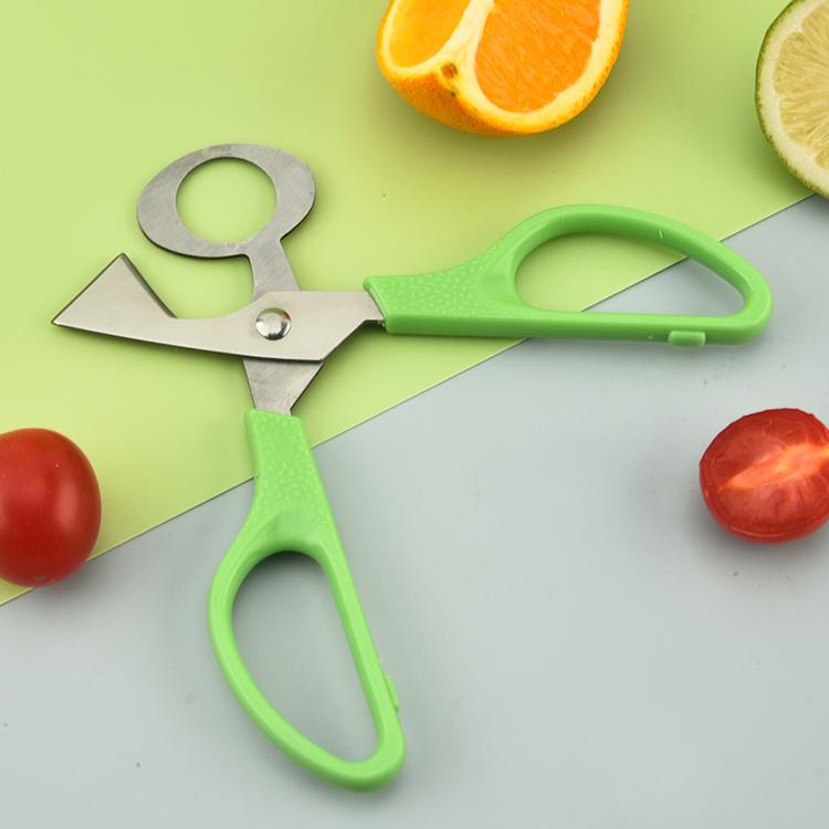 Egg cutting scissors with stainless steel blade and green plastic handle, open