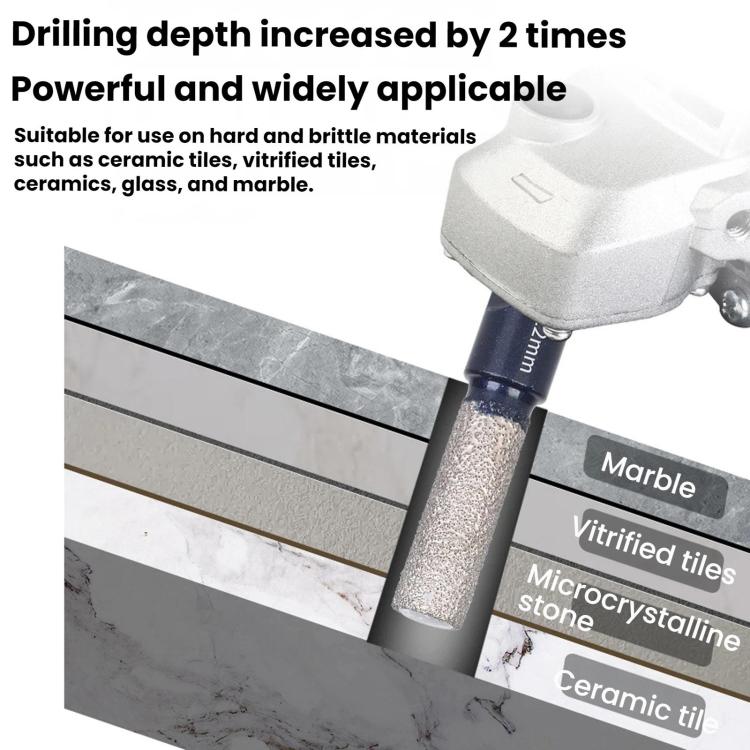 Diamond core drill bit drilling into stone tile, 2x increased depth concept shown