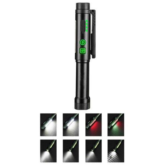 Black pen-shaped flashlight with magnetic clip and green battery/feature indicator lights