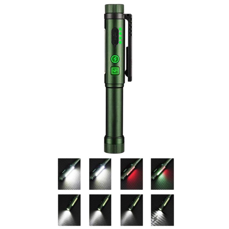 Green pen-shaped flashlight with magnetic clip and green indicator lights on control panel