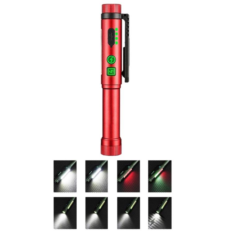 Red pen-shaped flashlight with magnetic clip and green indicator lights on the side