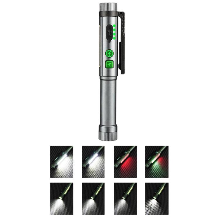 Grey pen-shaped flashlight with magnetic clip and green indicator lights on the panel