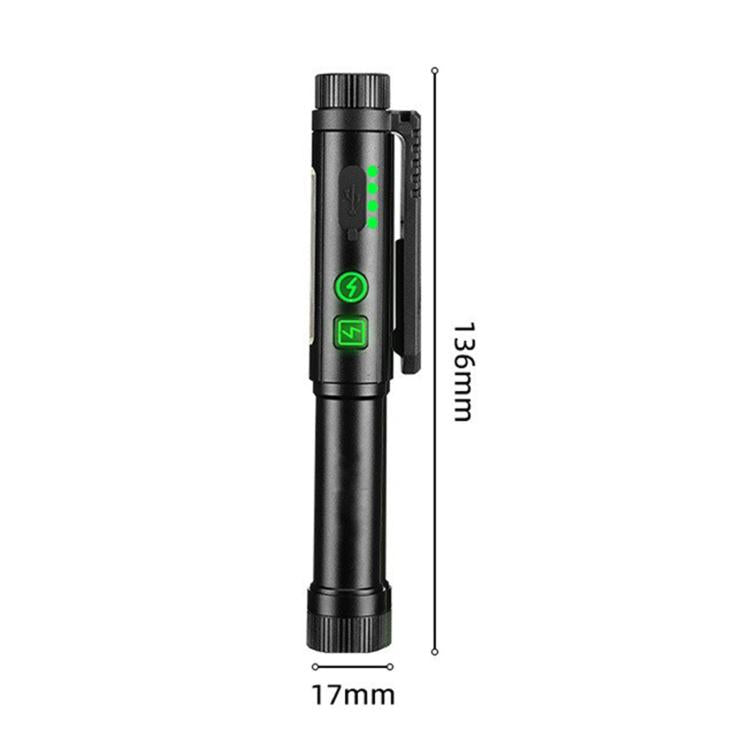 Black magnetic pen clip flashlight, slim body with dual indicator buttons, 18cm length