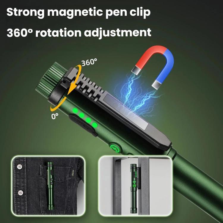 Green pen flashlight with strong magnetic clip and 360° rotating adjustment feature