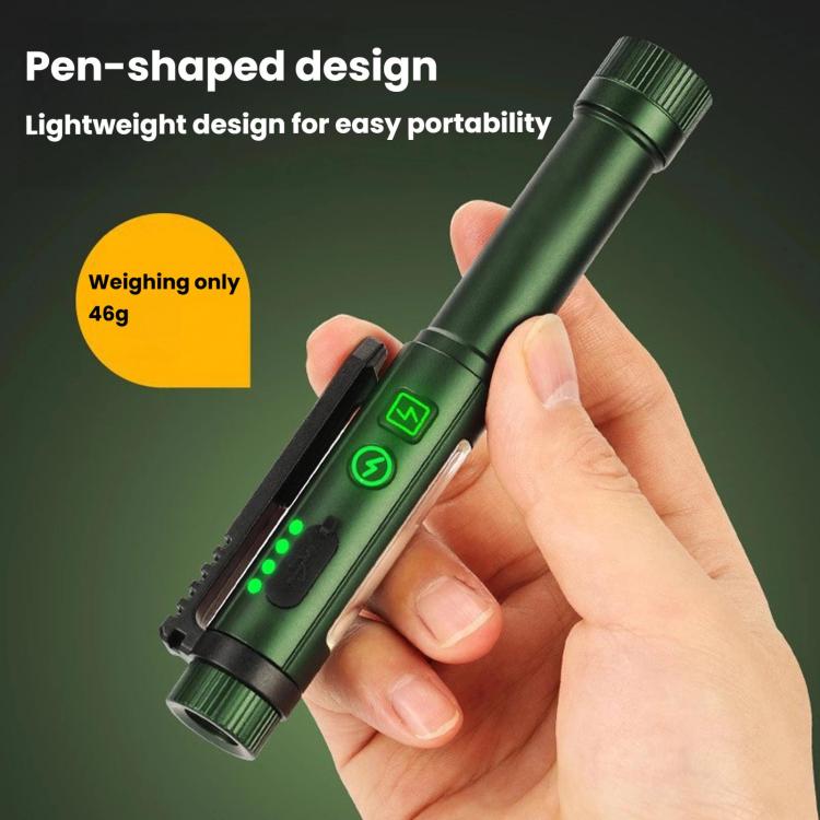 Green pen-shaped flashlight held in hand, showing green power/control indicator lights