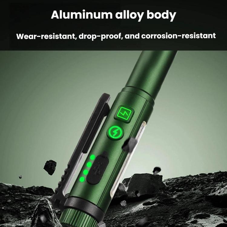 Green aluminum-bodied pen flashlight with magnetic clip and green indicator control button