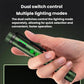 Green magnetic pen clip flashlight held in hand, dual switch area with indicator lights