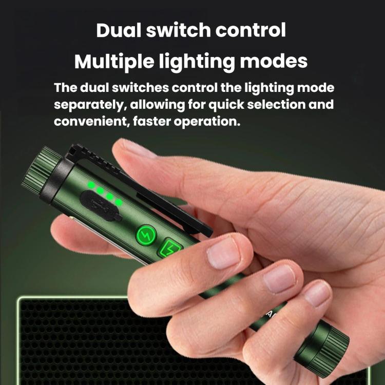 Green magnetic pen clip flashlight held in hand, dual switch area with indicator lights