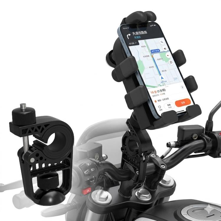 All-black motorcycle phone mount with multiple clamp arms holding a smartphone