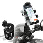 Angled all-black motorcycle phone mount with multiple clamp arms holding a smartphone