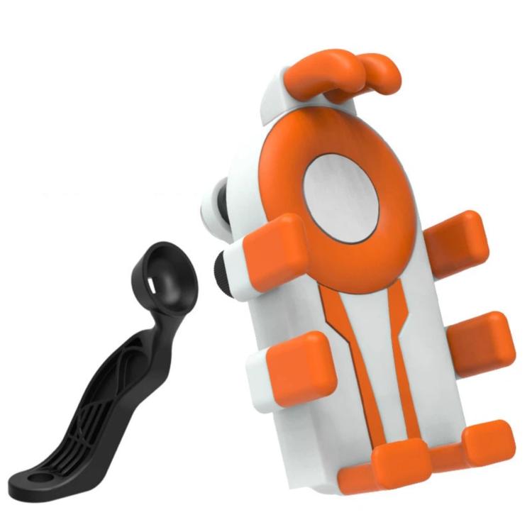 White and orange motorcycle phone mount bracket with clamp arm and base