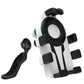 White and black motorcycle phone mount bracket with clamp arm and base