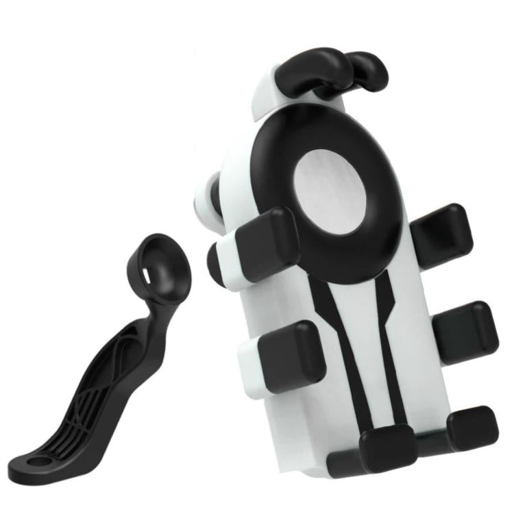 White and black motorcycle phone mount bracket with clamp arm and base