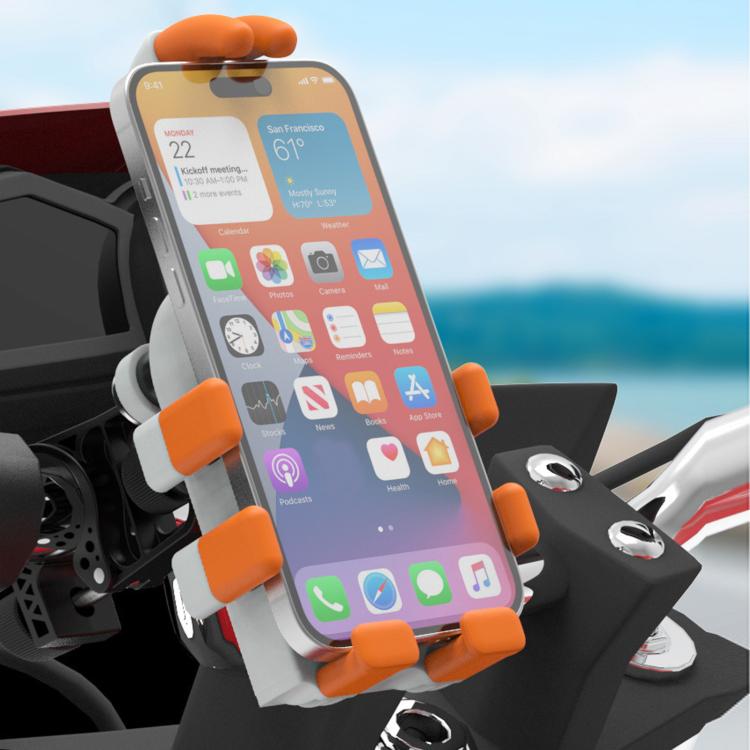 Shockproof phone mount holding a smartphone with orange clamps