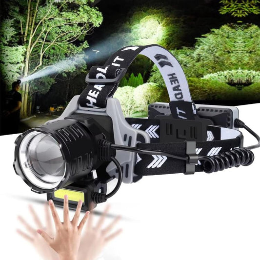 Long-range zoom LED headlamp with adjustable black strap and front spotlight