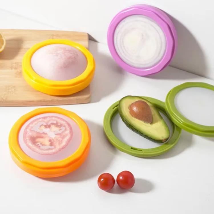 LsCook transparent round food storage containers with purple, yellow, orange, and green lids