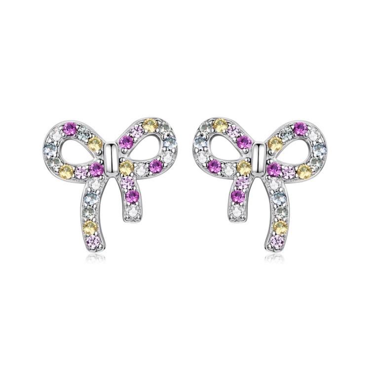 S925 Sterling Silver Sweet Bow Colorful Zirconia Stud Earrings