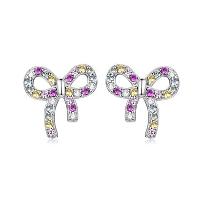 S925 Sterling Silver Sweet Bow Colorful Zirconia Stud Earrings