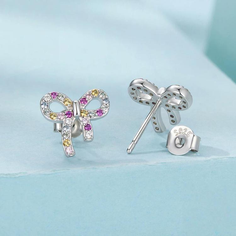 S925 Sterling Silver Sweet Bow Colorful Zirconia Stud Earrings