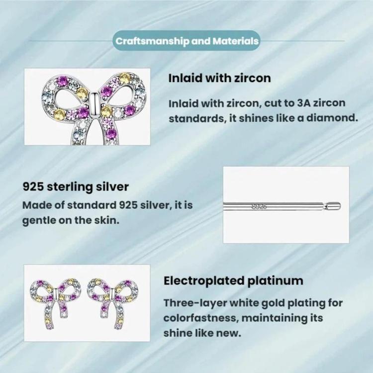 S925 Sterling Silver Sweet Bow Colorful Zirconia Stud Earrings