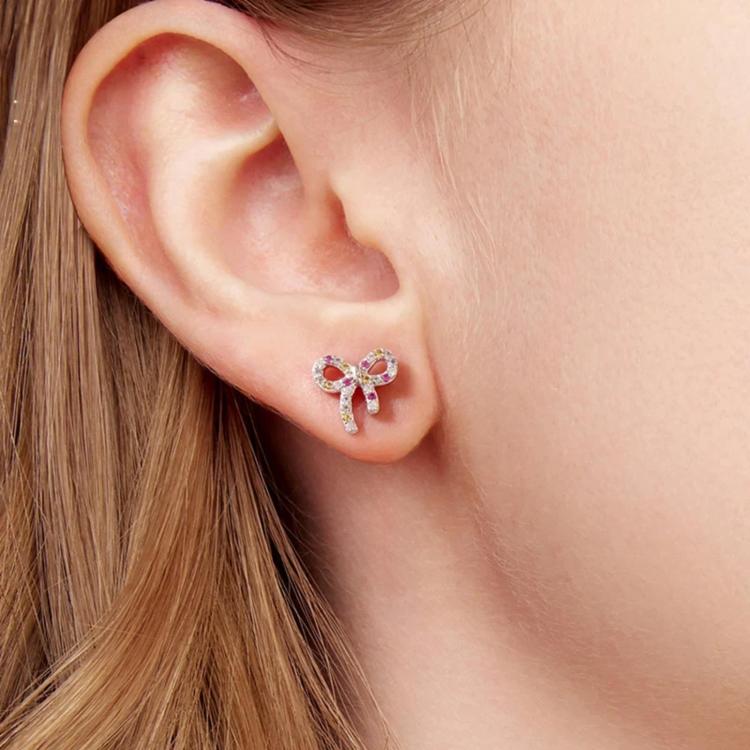 S925 Sterling Silver Sweet Bow Colorful Zirconia Stud Earrings