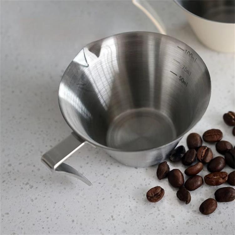 100ml stainless steel coffee brewing cup with handle and measurement markings, brushed finish