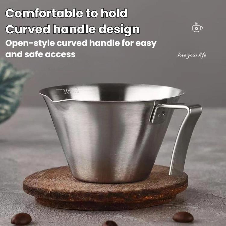 Stainless steel 100ml coffee brewing cup with curved open handle and scale marks