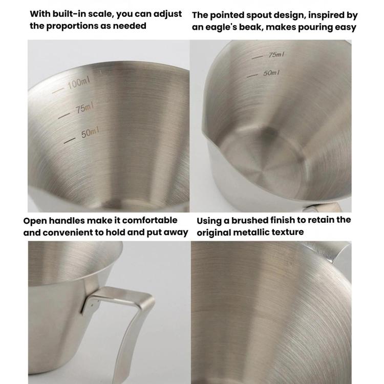 Stainless steel coffee cup with brushed interior and pointed spout for easy pouring