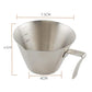 Stainless steel 100ml coffee cup with measurement lines and curved handle, size shown