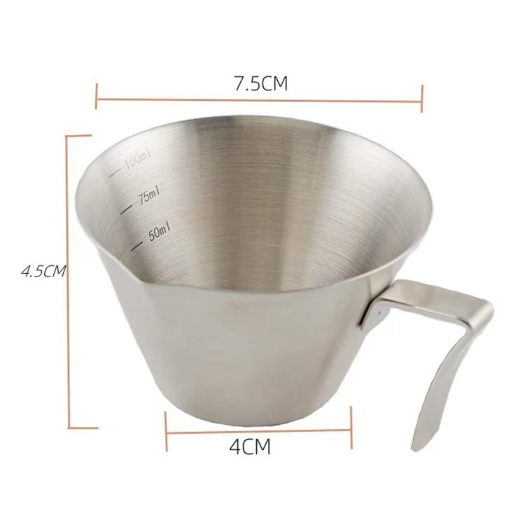 Stainless steel 100ml coffee cup with measurement lines and curved handle, size shown