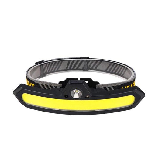 Black and yellow COB sensor headlamp with adjustable head strap and front lamp housing
