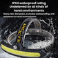 Water-resistant black sensor headlamp with yellow LED bar in water splash