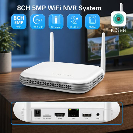 White WiFi NVR with two antennas and vented base on a tabletop