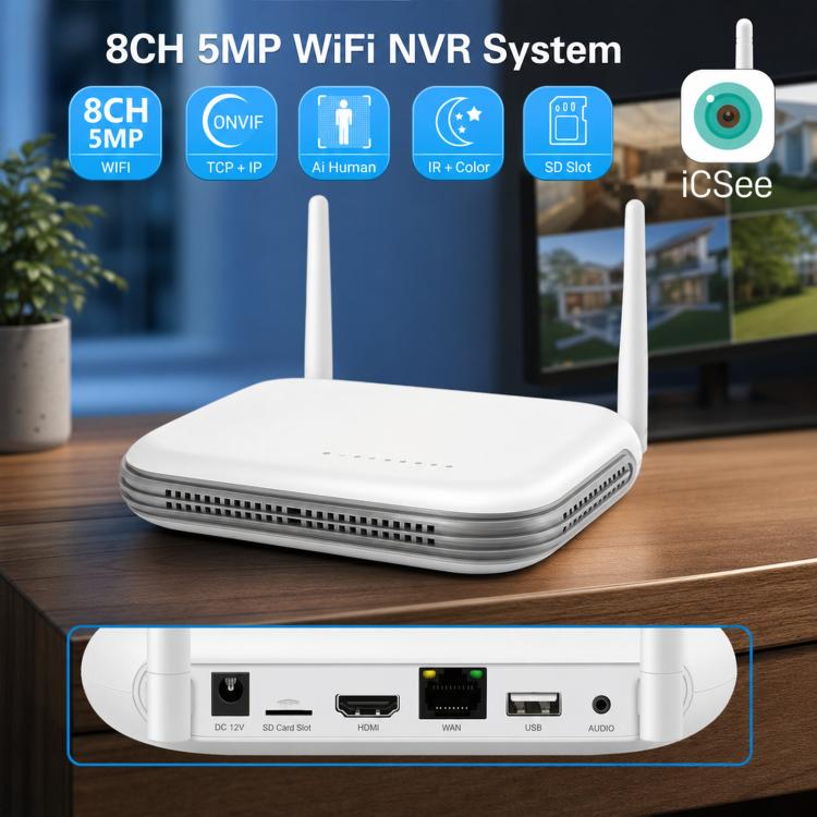 White WiFi NVR showing side ports and two antennas on a tabletop