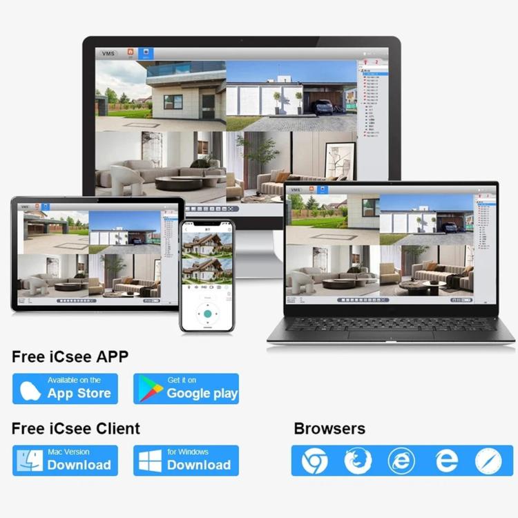 Wireless NVR software dashboard with multi-camera views on desktop screens