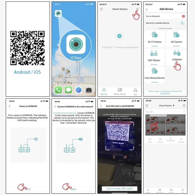 Wireless NVR mobile app screens with QR code and add-device steps