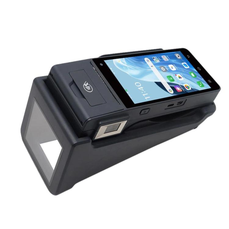 Portable POS payment terminal with angled base and built-in touchscreen