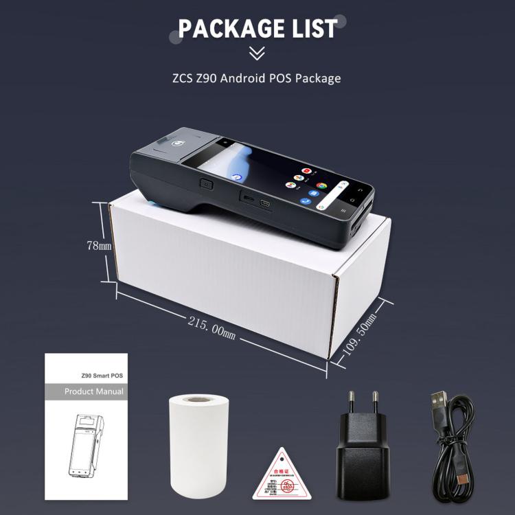 Mobile POS terminal in box with power adapter, cable, and receipt roll
