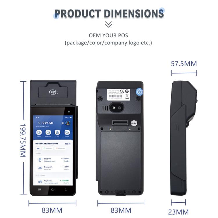 Portable POS terminal product dimensions shown from front, back, and side