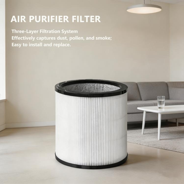 Replacement air purifier filter cartridge, cylindrical white pleated filter with black rim