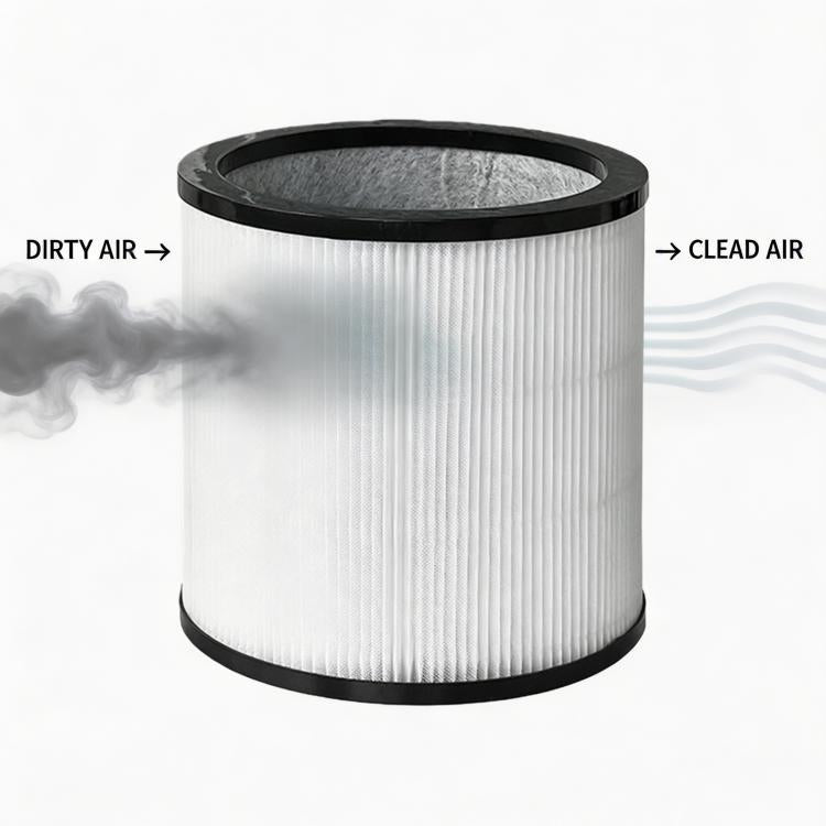 Replacement air purifier filter cartridge, white pleated cylinder with black top ring