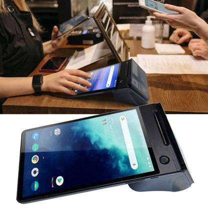 Android handheld POS cash register with dual touchscreen displays in dark gray