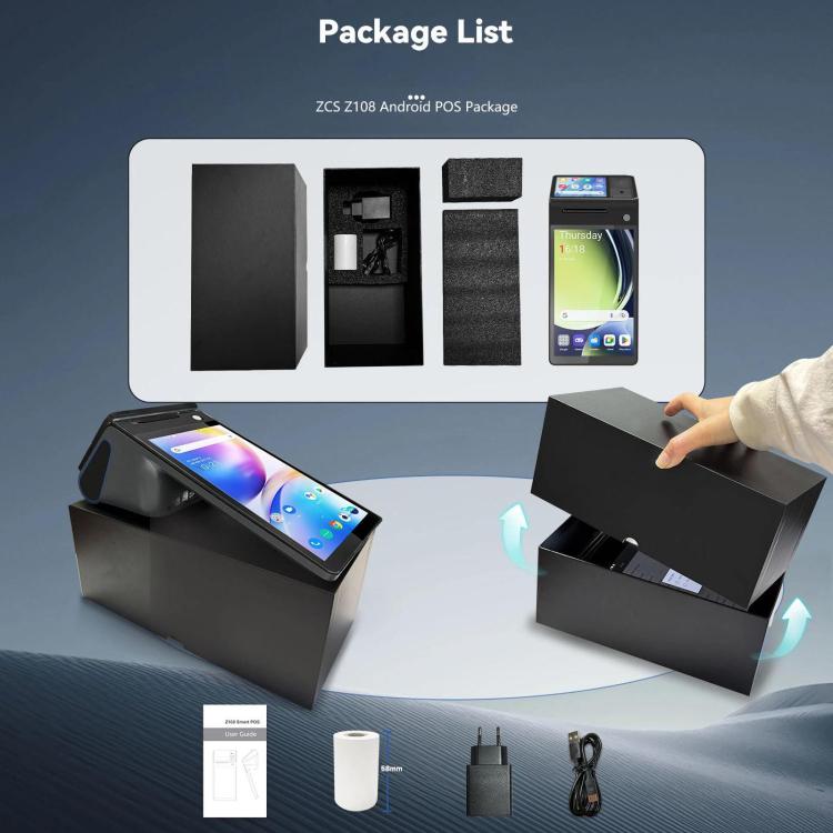 Boxed Android handheld POS terminal package with device and accessories