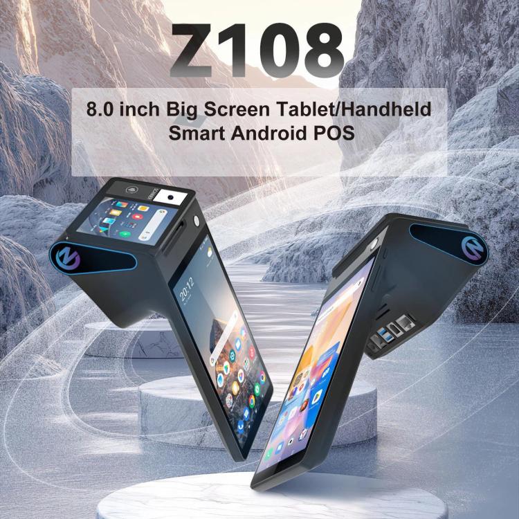 Android POS tablet-style handheld device with two front-facing touchscreens in black