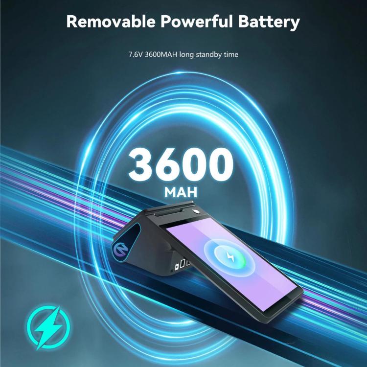 Android handheld POS cash register with removable battery shown by glow graphic