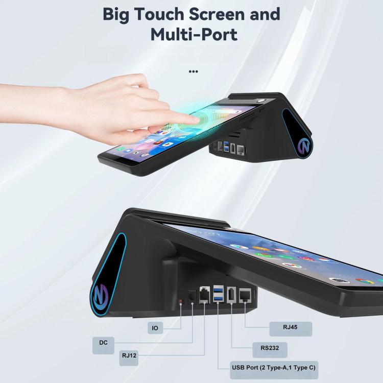 Android handheld POS cash register with multi-port area and dual touchscreens